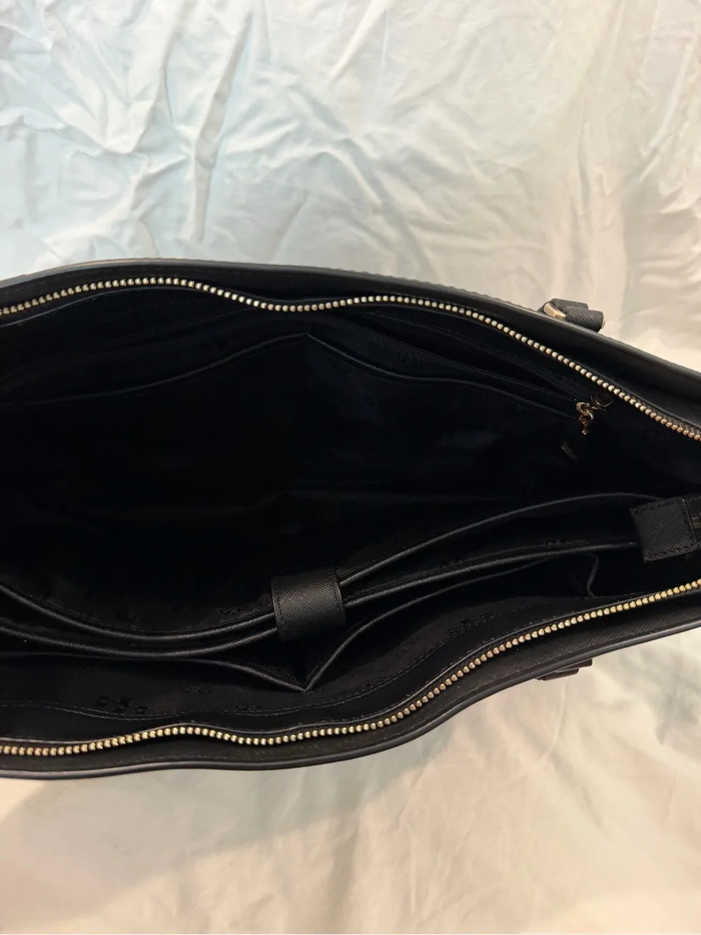 Tory Burch Black Leather Zip-Top Tote with Gold Hardware
